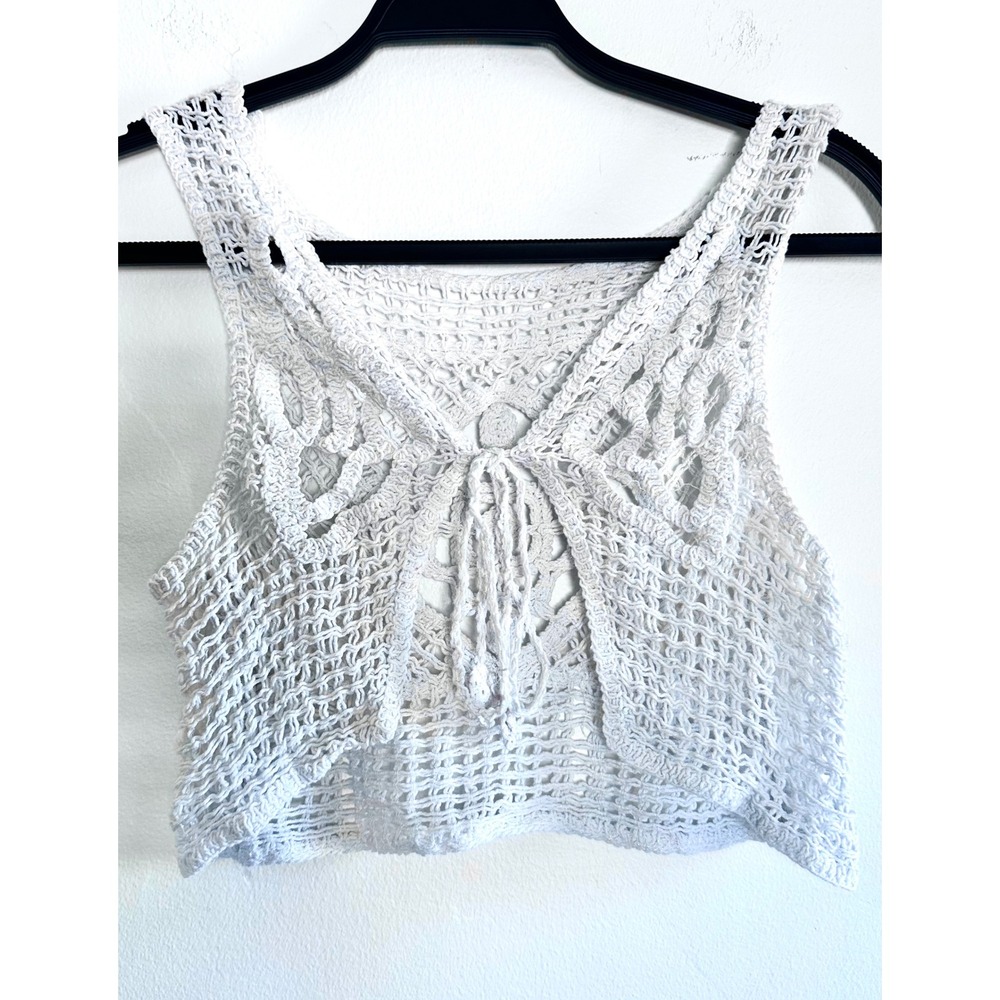 White Crochet Knit Tie Front Crop Vest Boho Festival Whimsigoth Fairy Earthy